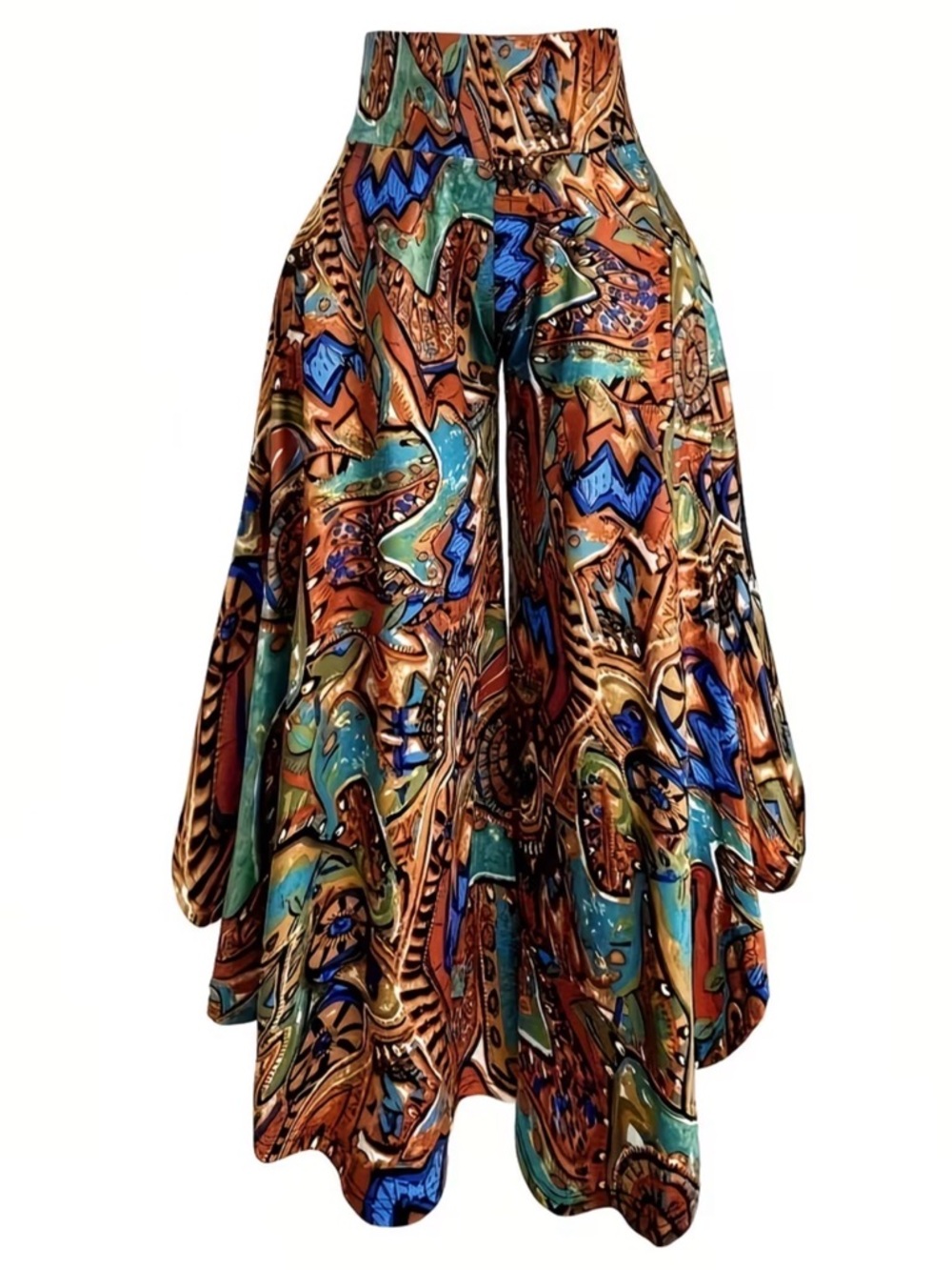 Boho Printed Wide-Leg Palazzo Summer Pants in Teal & Brown New Boutique - Picture 3 of 6